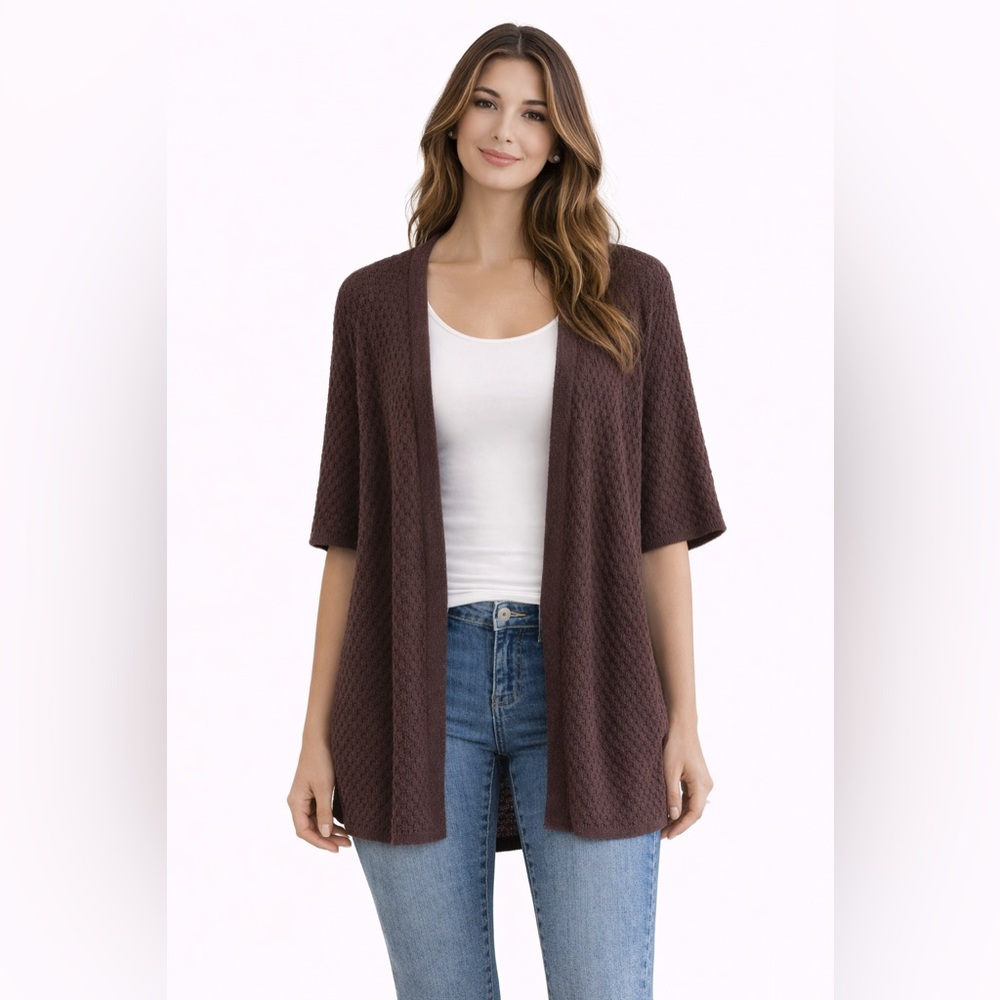 Jones Wear Brown Cardigan Sweater Relaxed Fit Short Sleeve